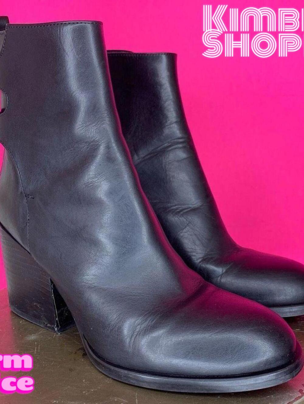 Zara Black Leather Double Buckle Block Heel High Ankle Boots US 8 EU 39